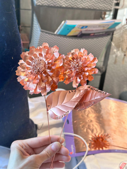 Handmade Pure Copper Zinnia Forever Flower 7 year anniversary gift Custom design artificial flower birthday new baby shower hand stamped art