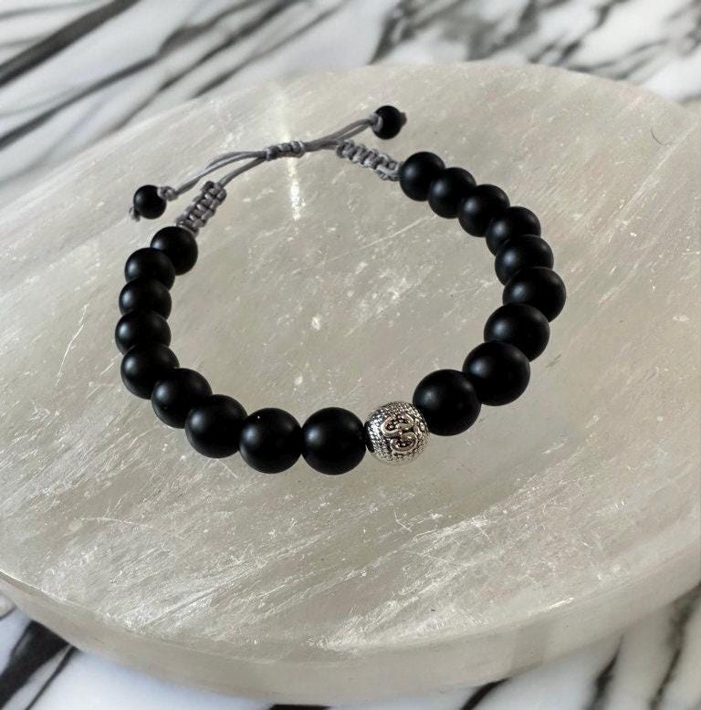 January birthstone Black onyx adjustable bracelet with meditation “OM” bead gemstone unisex jewelry gift natural healing metaphysical mens