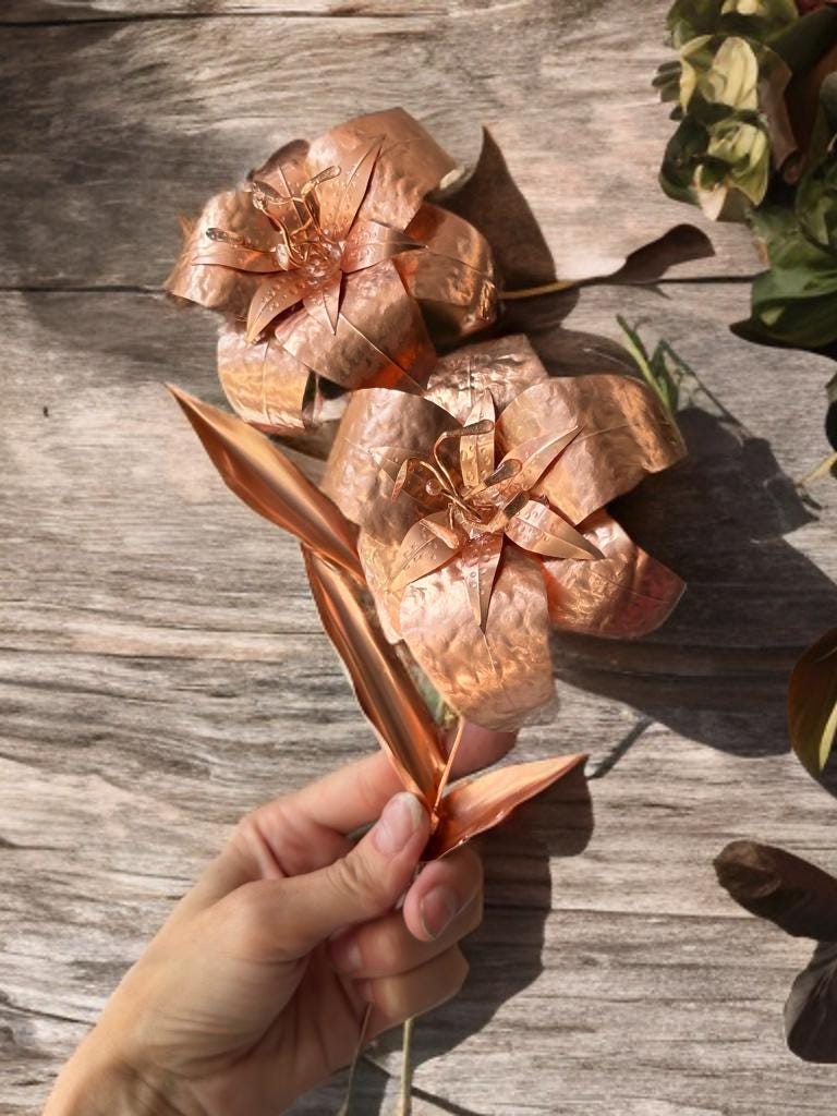 Pure Copper Stargazer Oriential Lilly Handmade Forever Flower 7 year anniversary gift Custom design artificial flower birthday shower metal