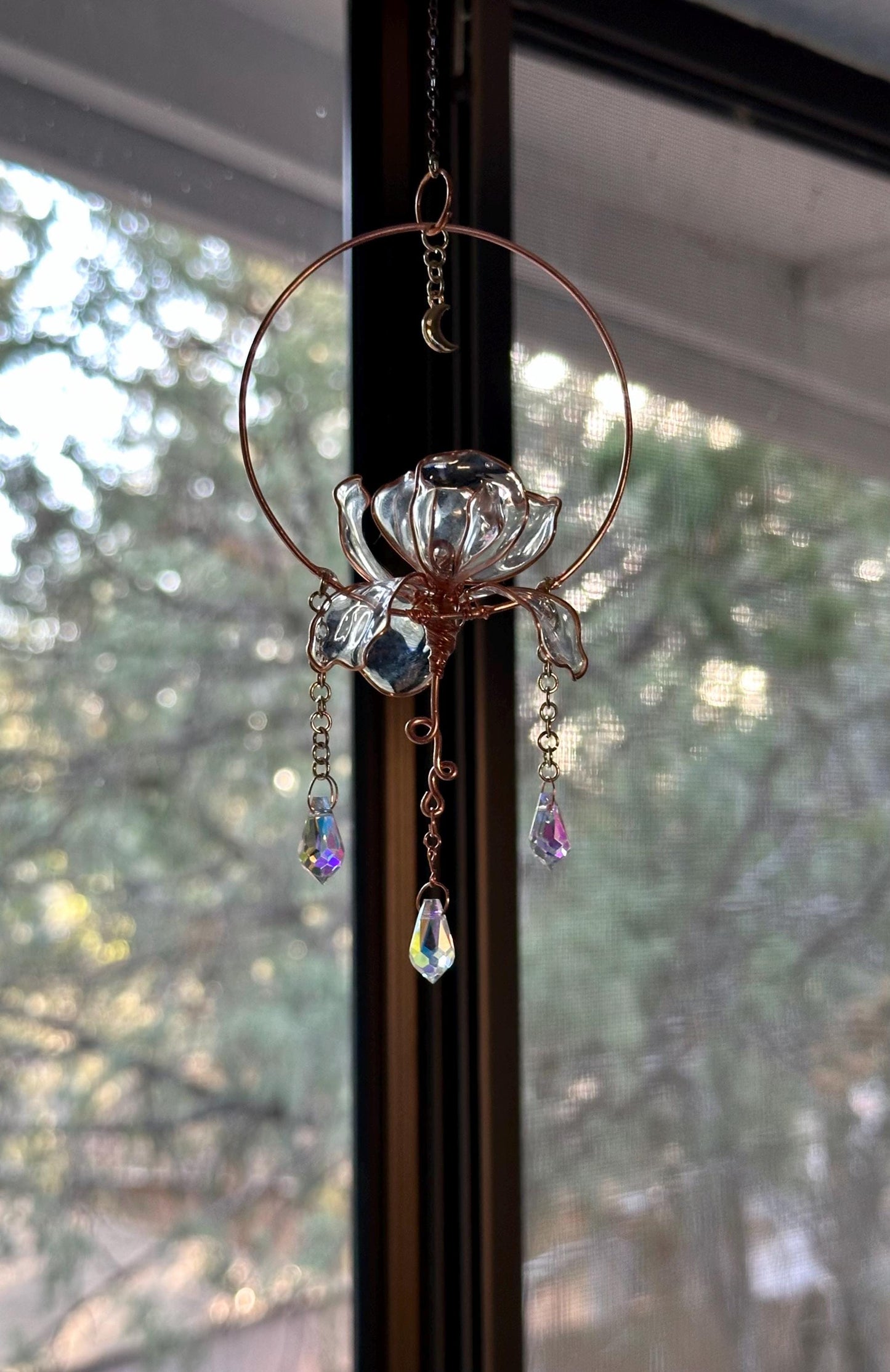 Rear view Mirror Window Copper wire epoxy Iris flower car sun catcher grieving gift car accessory rainbow prism decor handmade charm moon om