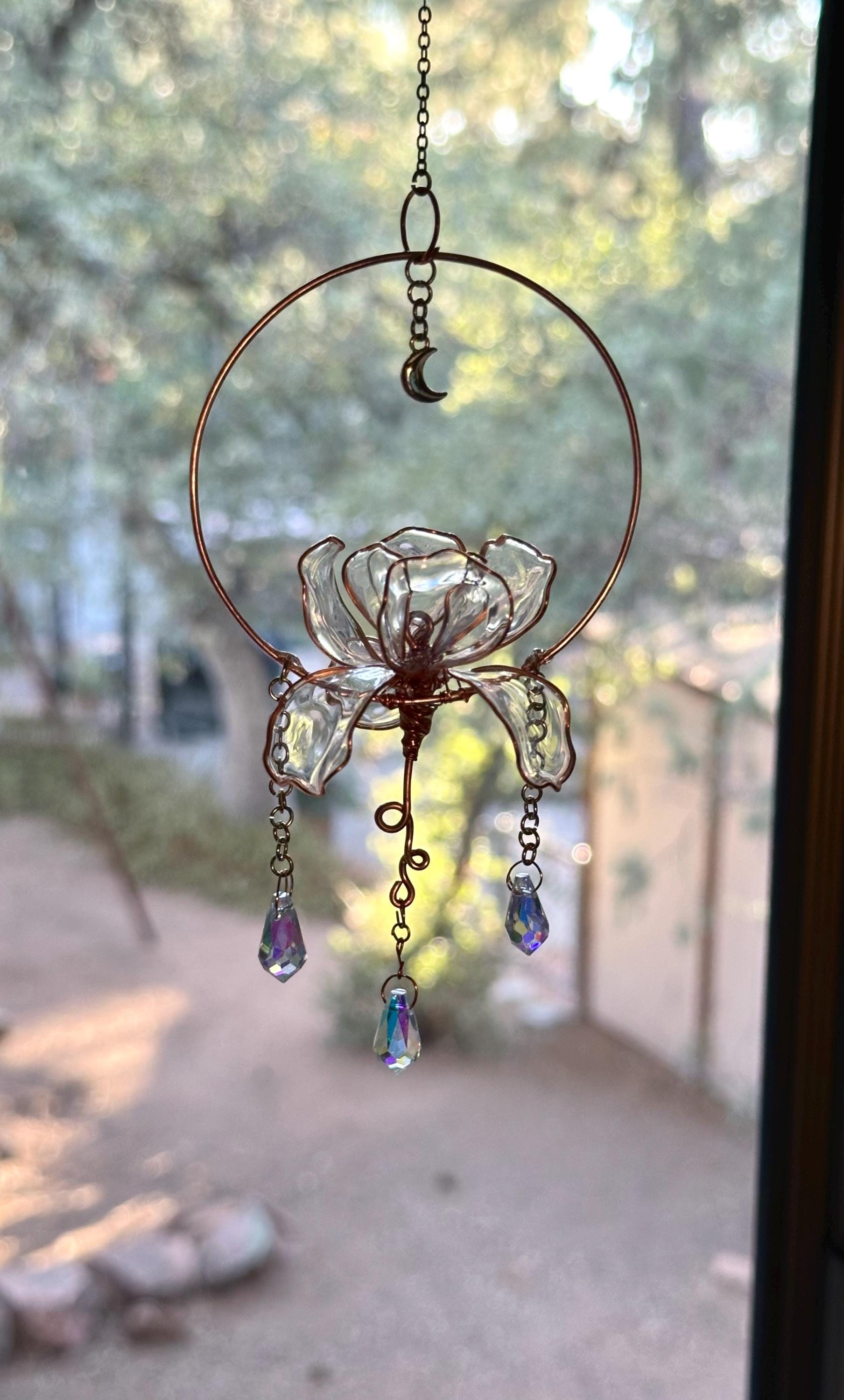 Rear view Mirror Window Copper wire epoxy Iris flower car sun catcher grieving gift car accessory rainbow prism decor handmade charm moon om