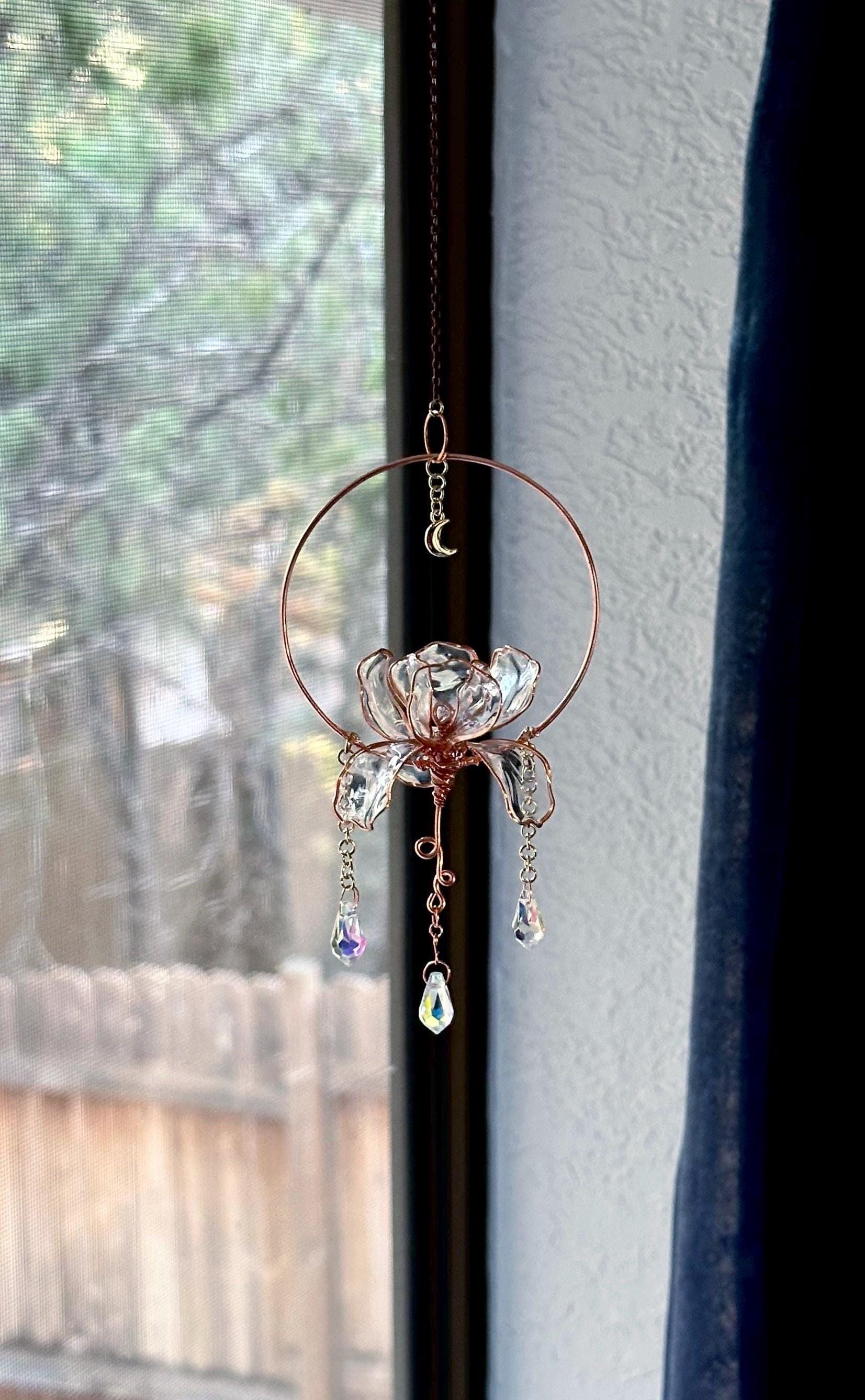 Rear view Mirror Window Copper wire epoxy Iris flower car sun catcher grieving gift car accessory rainbow prism decor handmade charm moon om