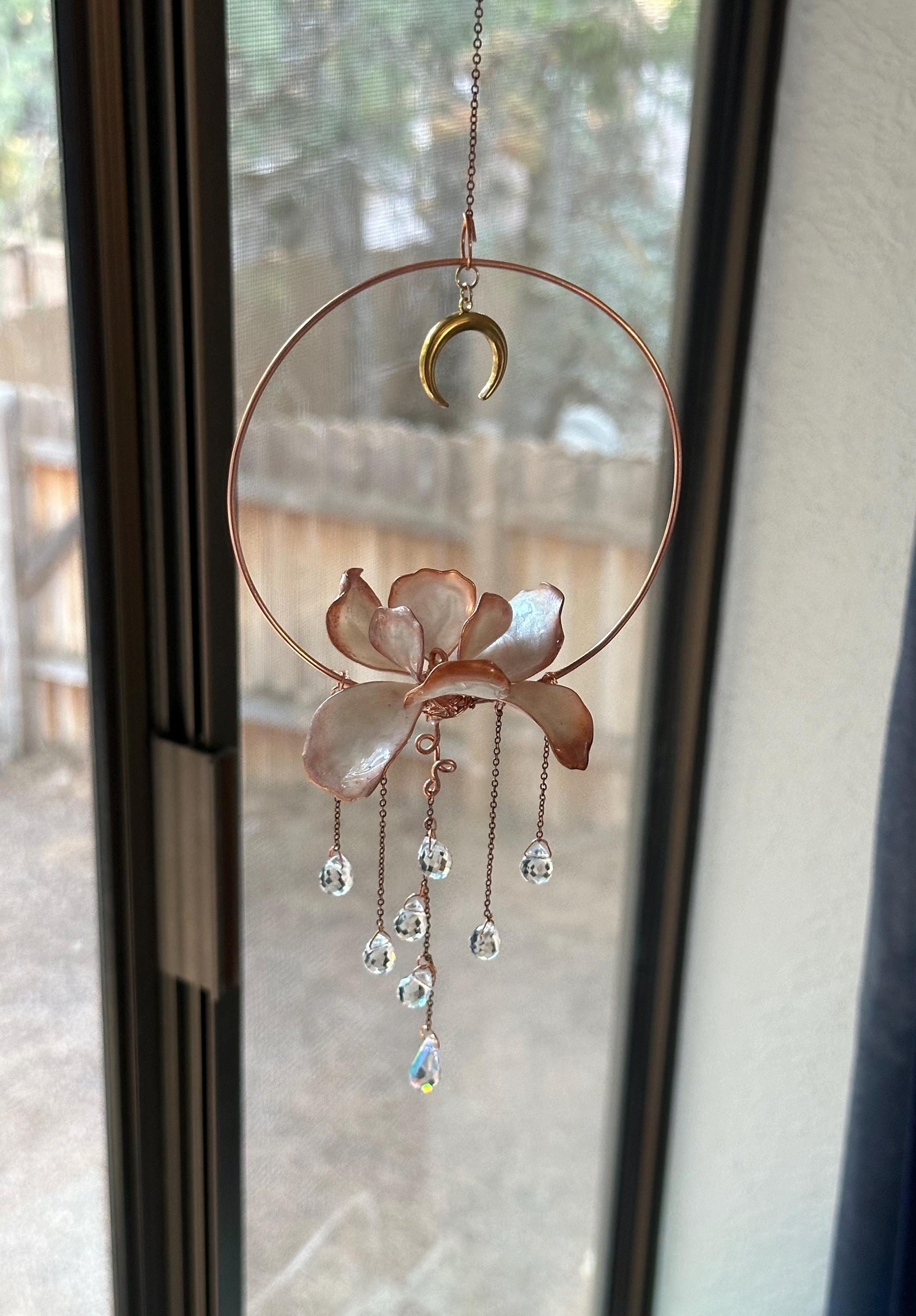 Rear view Mirror Window Copper wire epoxy Iris flower car sun catcher grieving gift car accessory rainbow prism decor handmade charm moon om