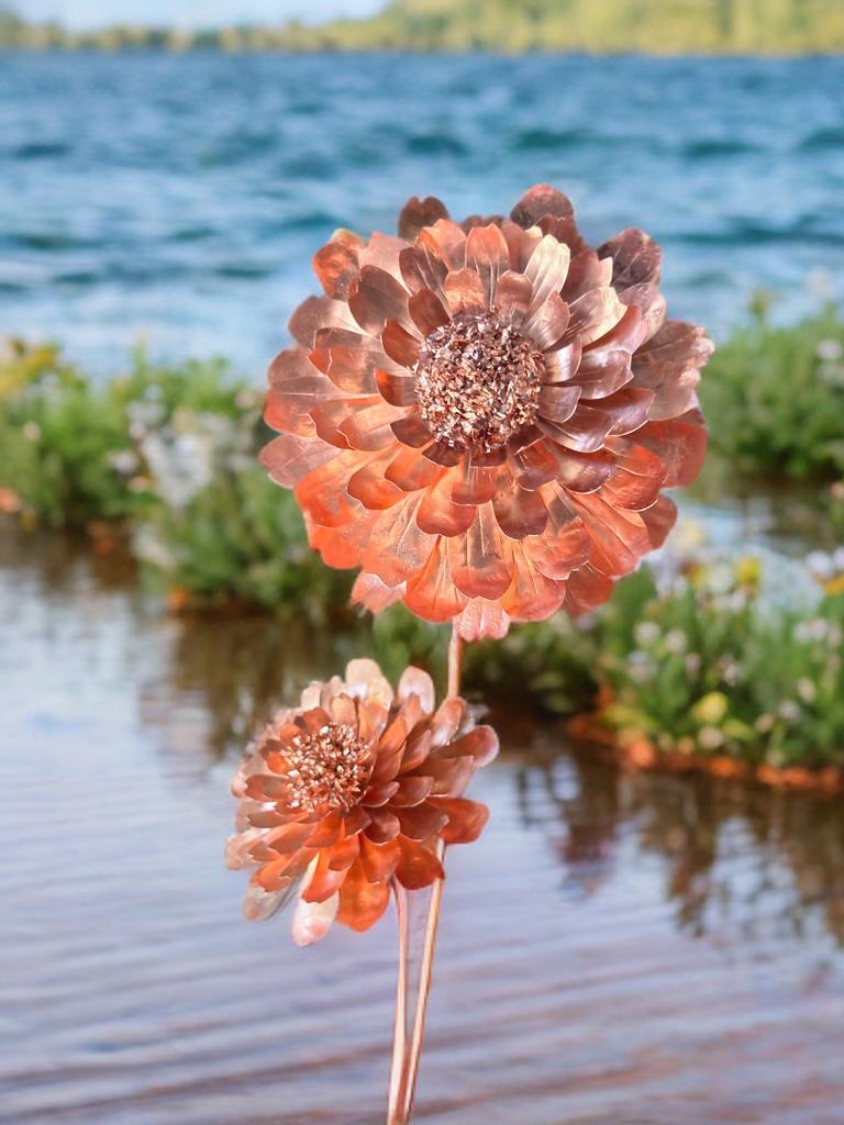 Handmade Pure Copper Zinnia Forever Flower 7 year anniversary gift Custom design artificial flower birthday new baby shower hand stamped art