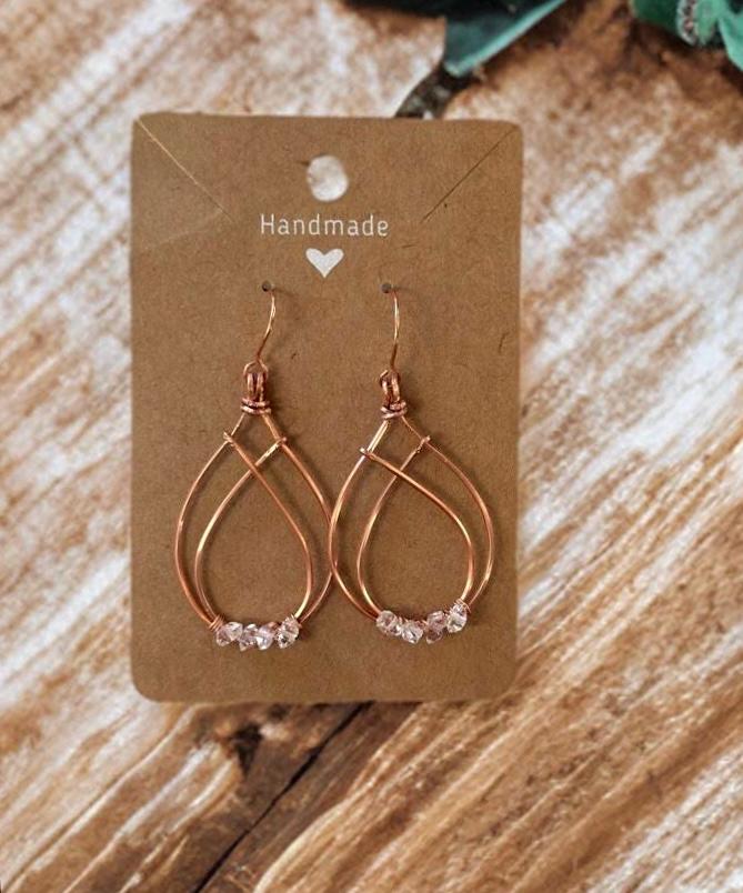 Handmade PURE Copper wire dangle earrings with Herkimer Diamonds crystal gemstone jewelry gift custom design wire wrapped stones for her art