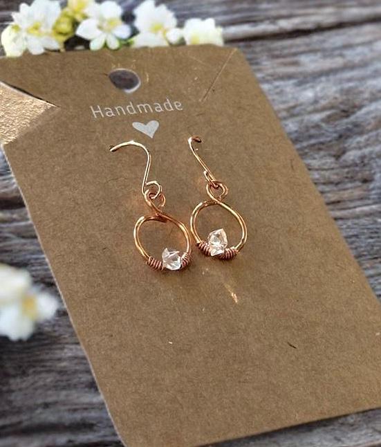 Copper & RARE Herkimer Diamond handmade crystal gemstone earrings jewelry gift custom design wire wrapped healing stones anniversary unique