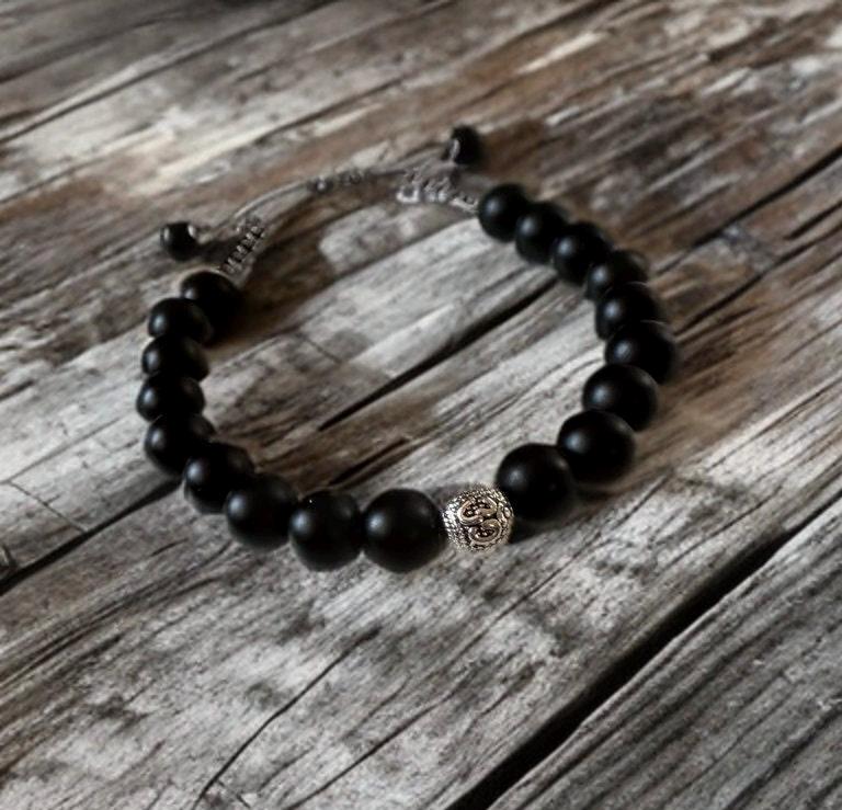 January birthstone Black onyx adjustable bracelet with meditation “OM” bead gemstone unisex jewelry gift natural healing metaphysical mens