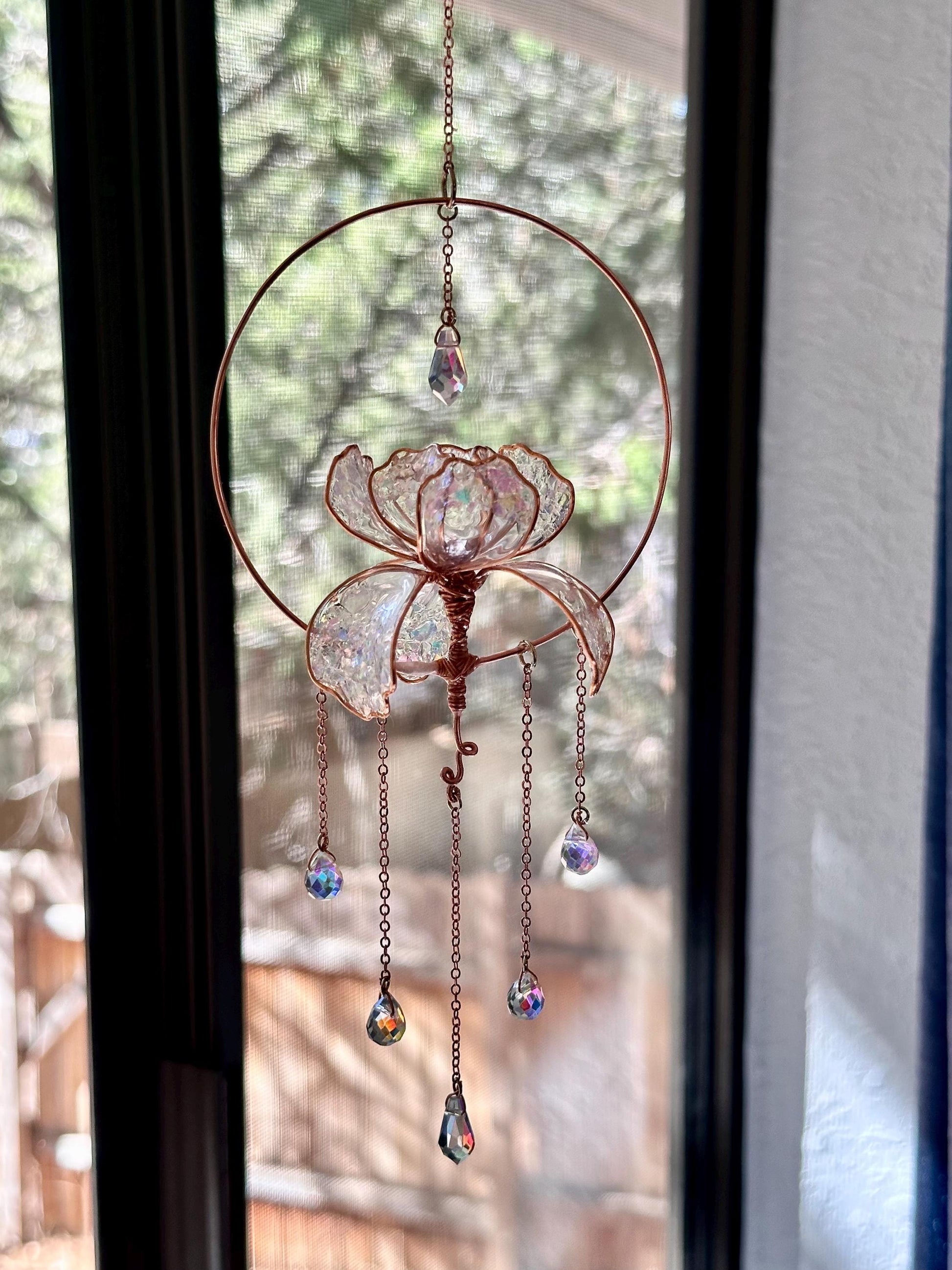 Window or Car Rear view Mirror Copper wire epoxy Iris flower car sun catcher grief gift holographic rainbow prism decor handmade floral gift