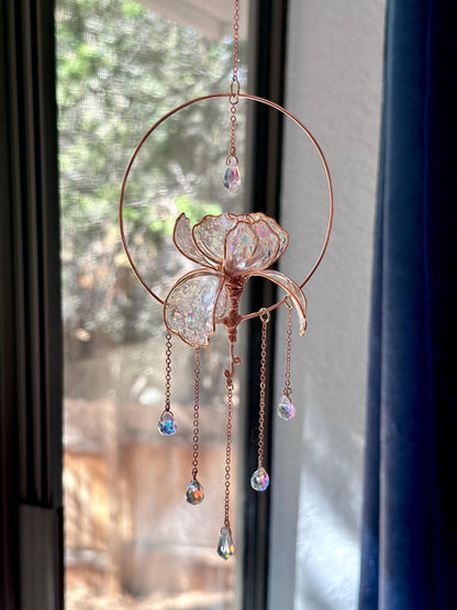 Window or Car Rear view Mirror Copper wire epoxy Iris flower car sun catcher grief gift holographic rainbow prism decor handmade floral gift