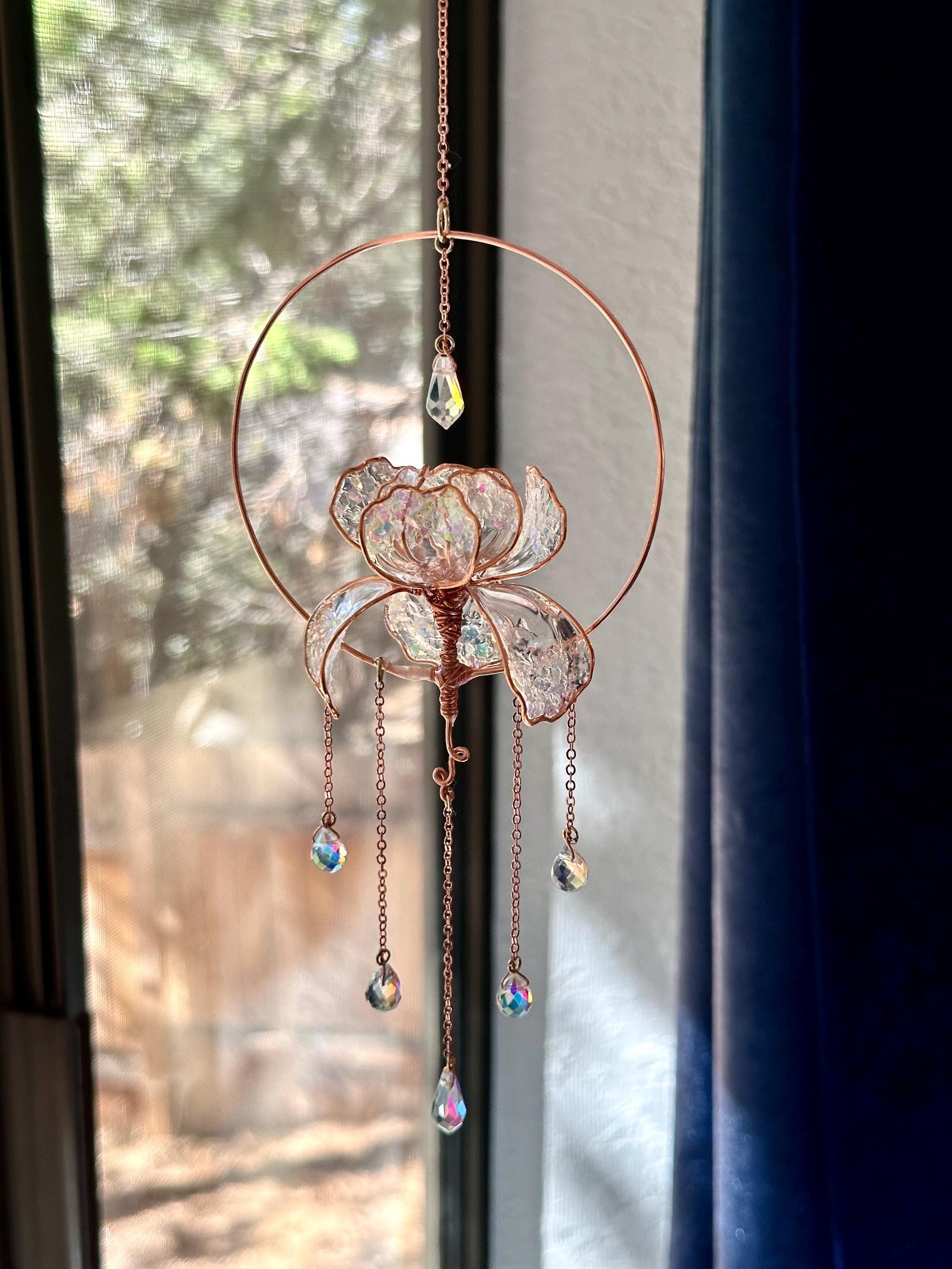 Window or Car Rear view Mirror Copper wire epoxy Iris flower car sun catcher grief gift holographic rainbow prism decor handmade floral gift