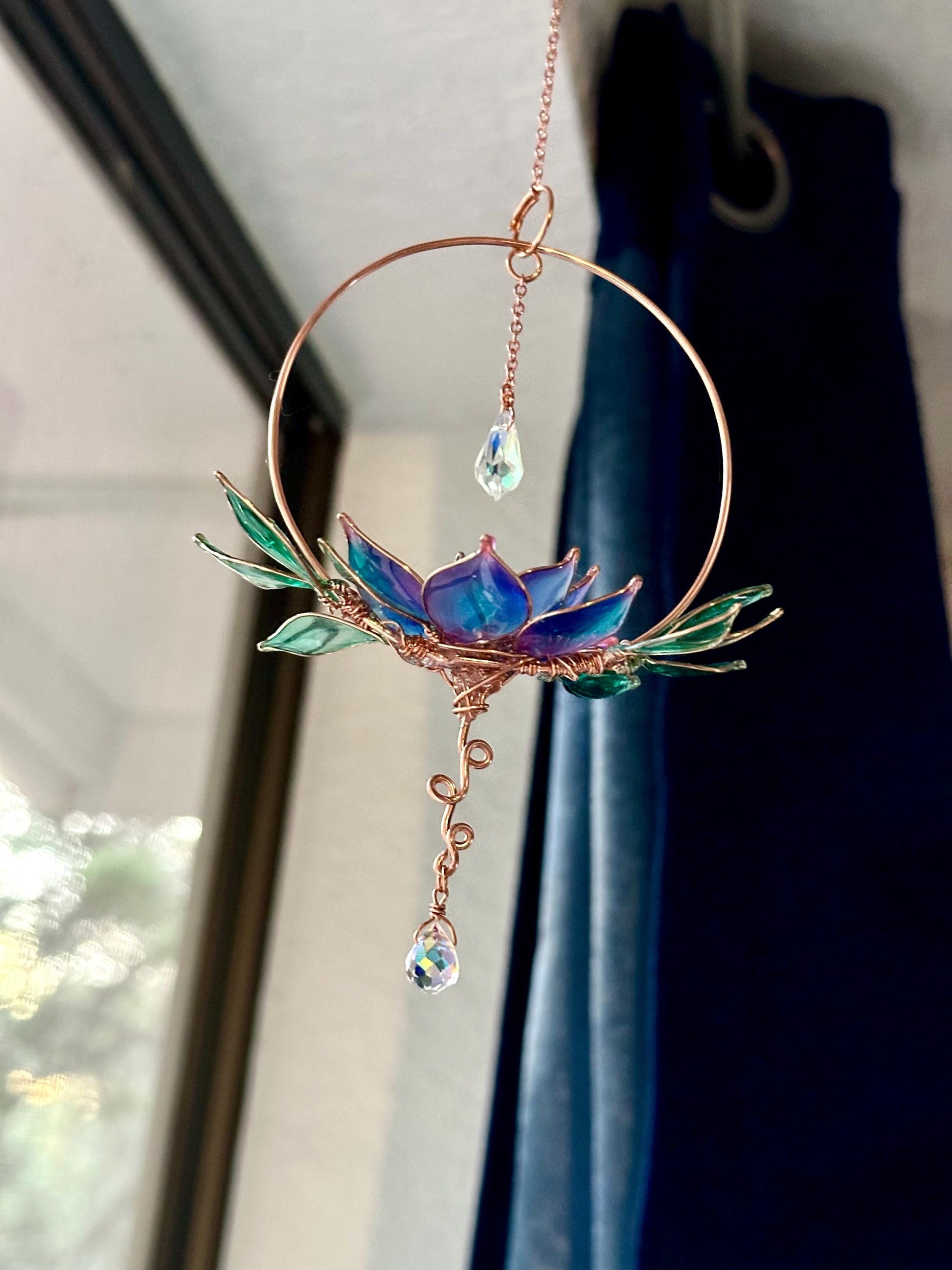 Window or Rear view Mirror Copper wire epoxy lotus flower car sun catcher grief and loss gift rainbow prism decor handmade loved one gift