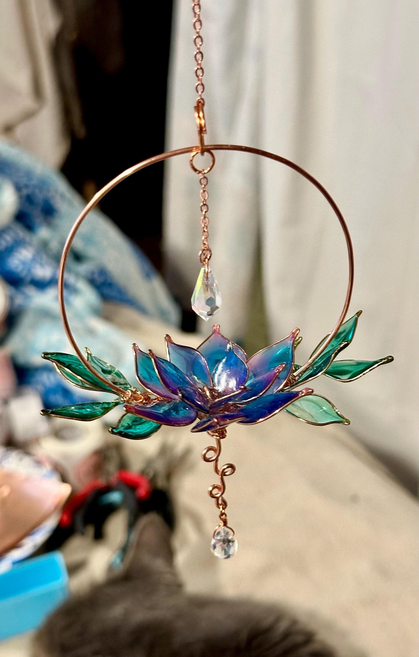 Window suncatcher Rear view Mirror Copper wire epoxy handmade lotus flower car sun catcher grief and loss gift rainbow prism dangle crystals