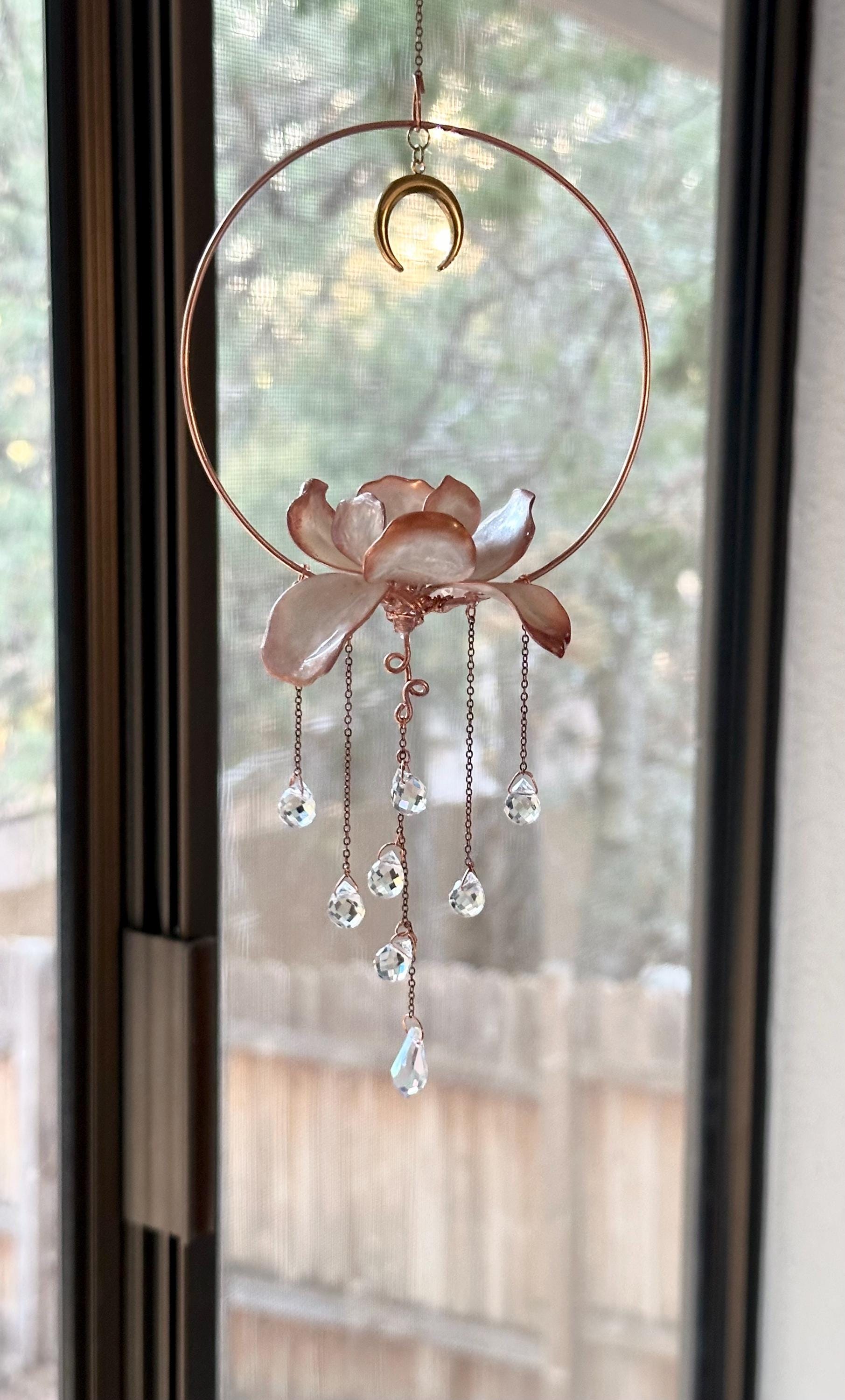 Window or Rear view Mirror Copper wire epoxy lotus flower car sun catcher grief and loss gift rainbow prism decor handmade loved one gift