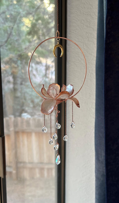 Rear view Mirror Window Copper wire epoxy Iris flower car sun catcher grieving gift car accessory rainbow prism decor handmade charm moon om