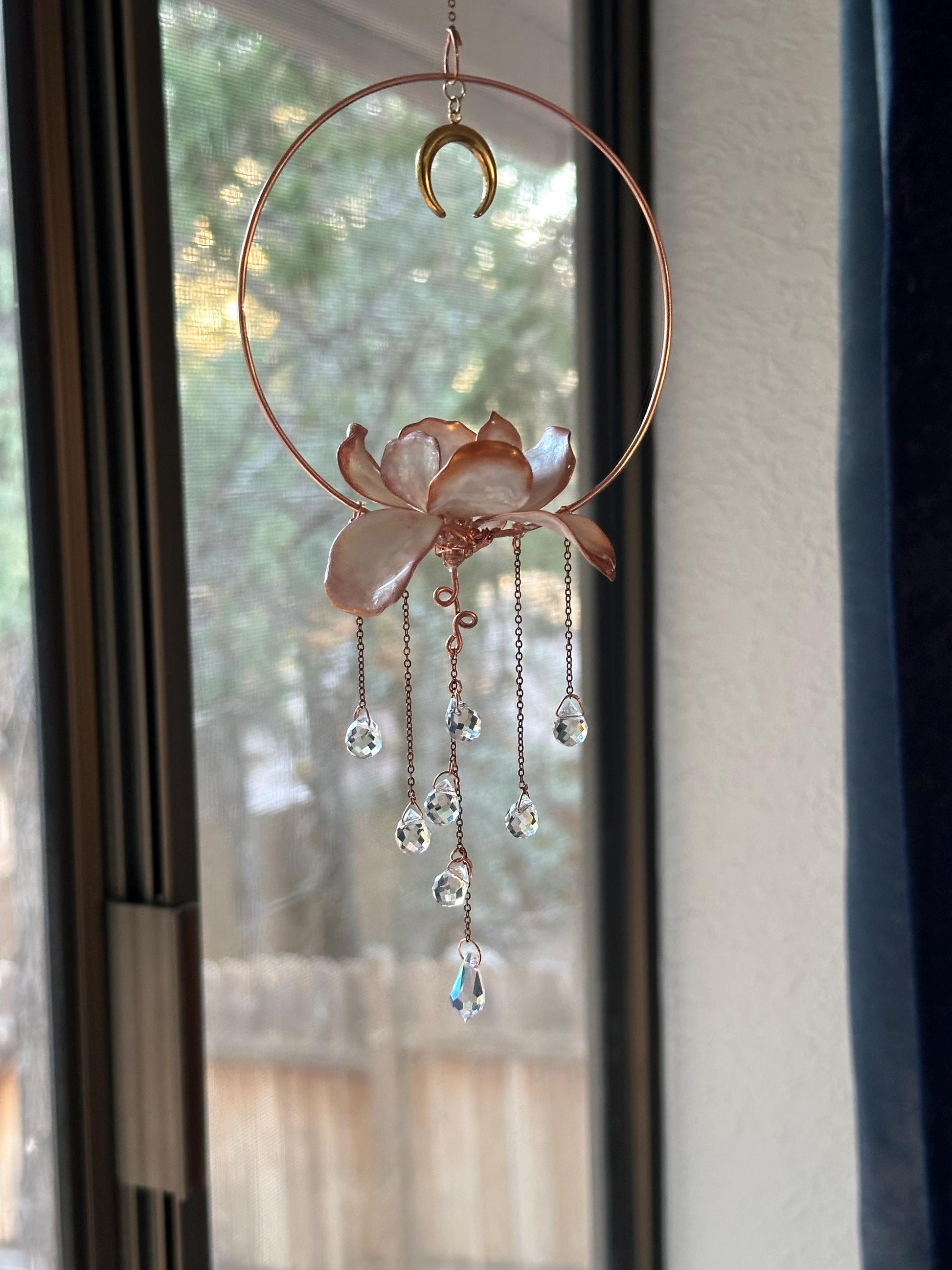 Rear view Mirror Window Copper wire epoxy Iris flower car sun catcher grieving gift car accessory rainbow prism decor handmade charm moon om