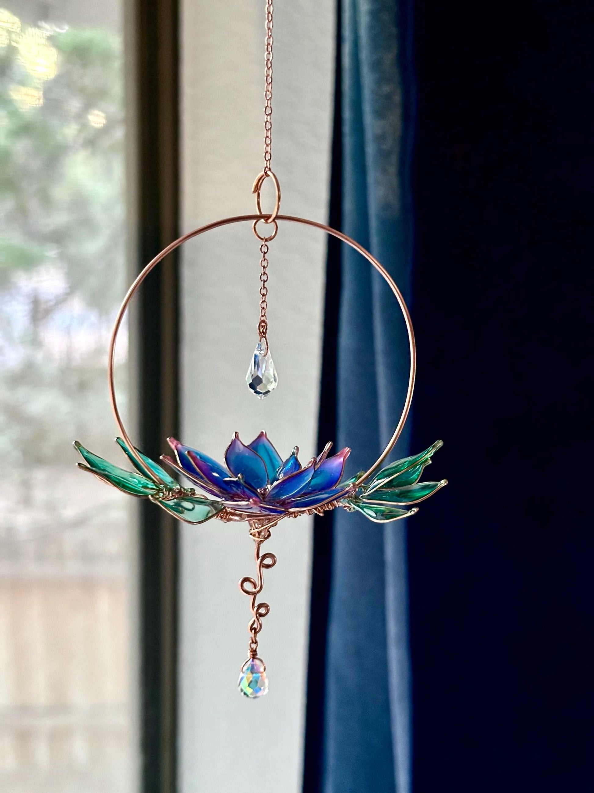 Window or Rear view Mirror Copper wire epoxy lotus flower car sun catcher grief and loss gift rainbow prism decor handmade loved one gift