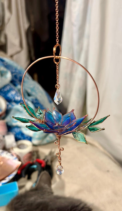 Window or Rear view Mirror Copper wire epoxy lotus flower car sun catcher grief and loss gift rainbow prism decor handmade loved one gift