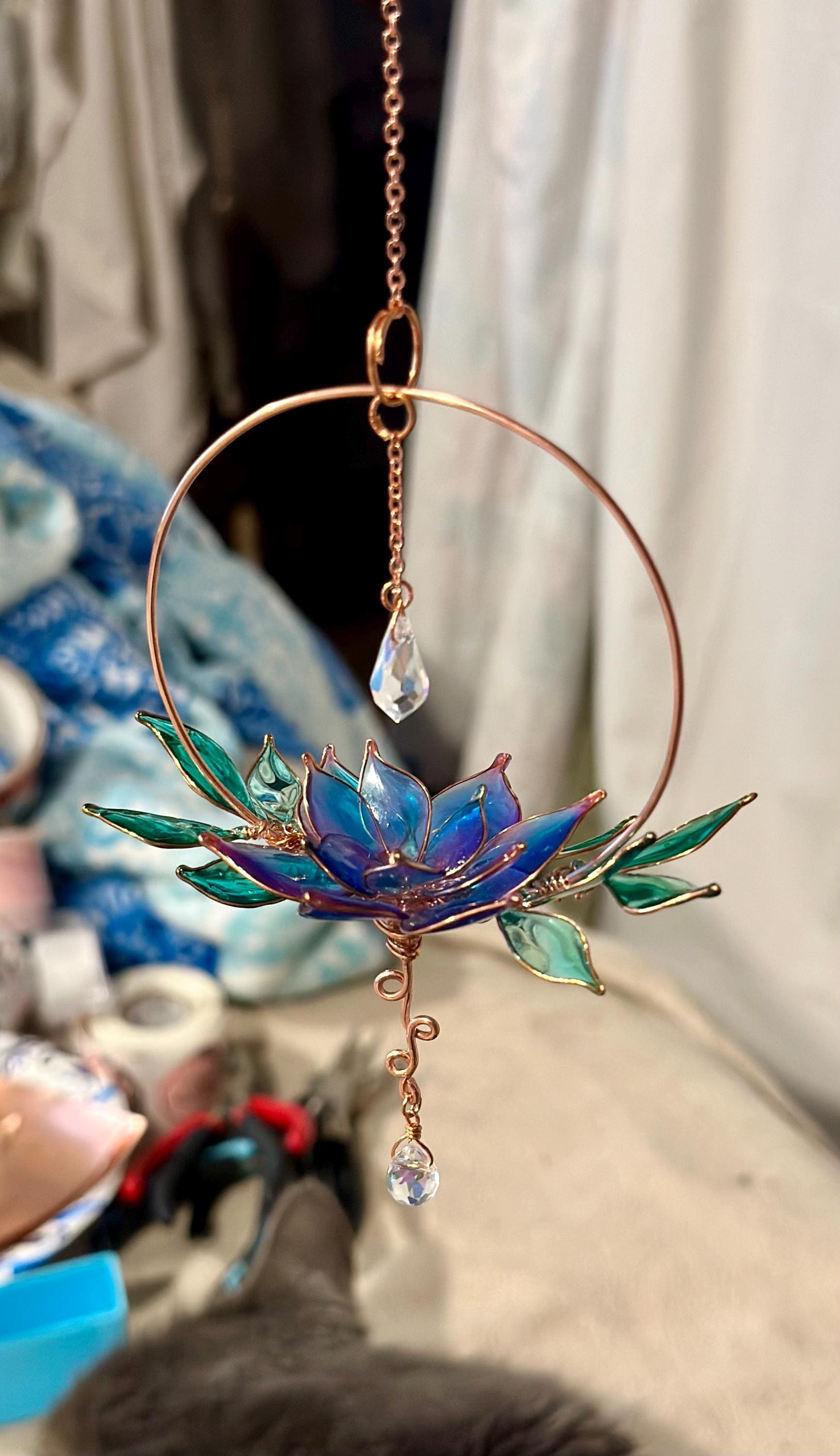 Window suncatcher Rear view Mirror Copper wire epoxy handmade lotus flower car sun catcher grief and loss gift rainbow prism dangle crystals