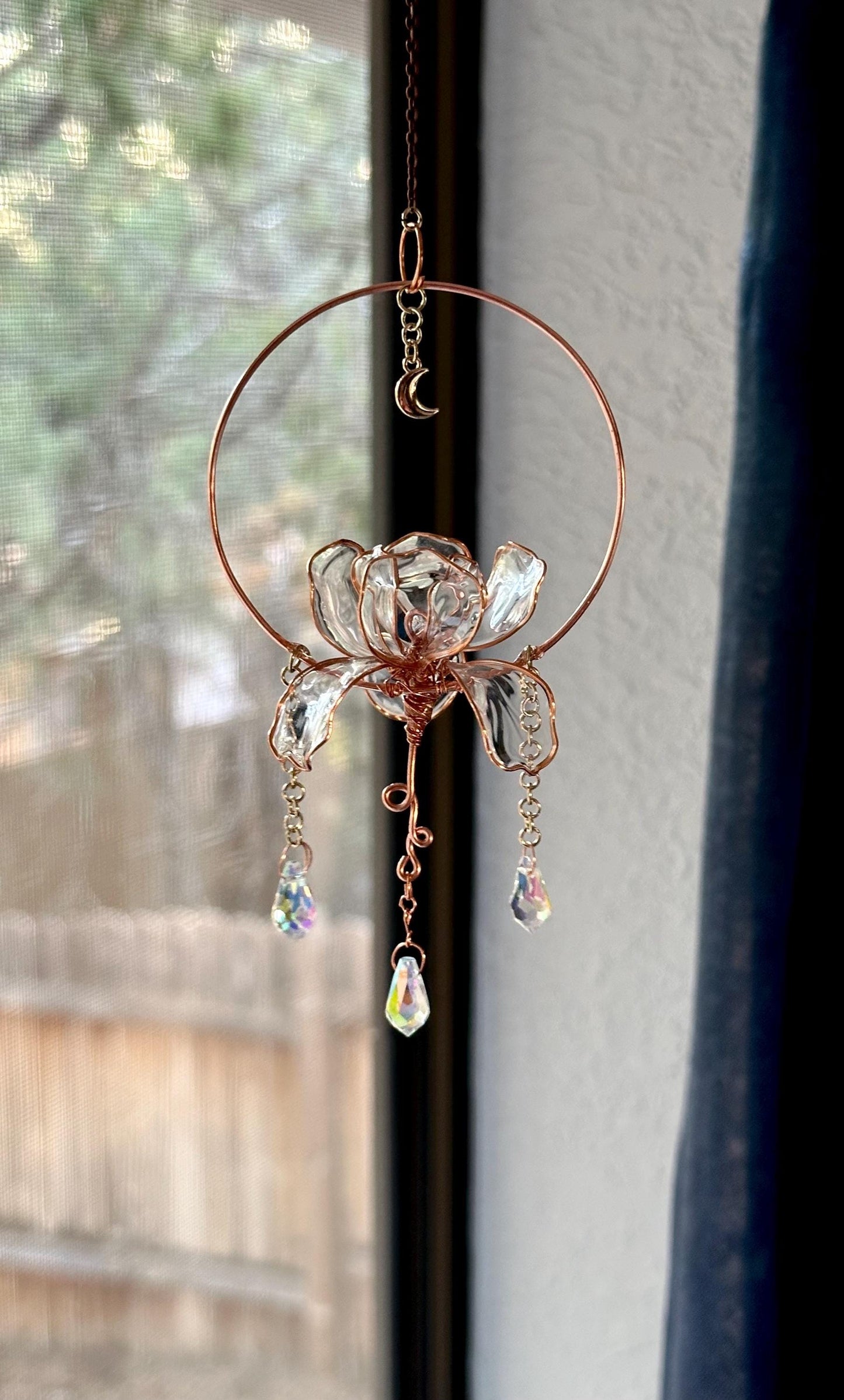 Window or Rear view Mirror Copper wire epoxy lotus flower car sun catcher grief and loss gift rainbow prism decor handmade loved one gift