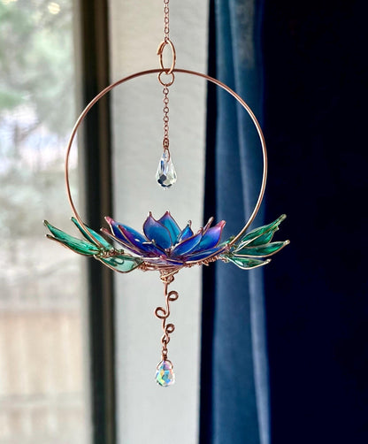 Window suncatcher Rear view Mirror Copper wire epoxy handmade lotus flower car sun catcher grief and loss gift rainbow prism dangle crystals