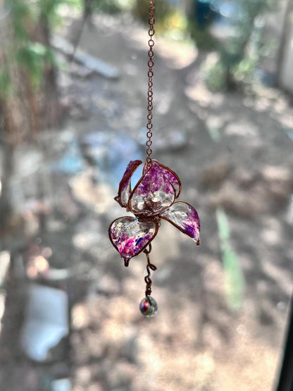 Rear view Mirror Copper wire and epoxy Iris flower car suncatcher car accessory gem crystal window dangle decor handmade gift charm prisms