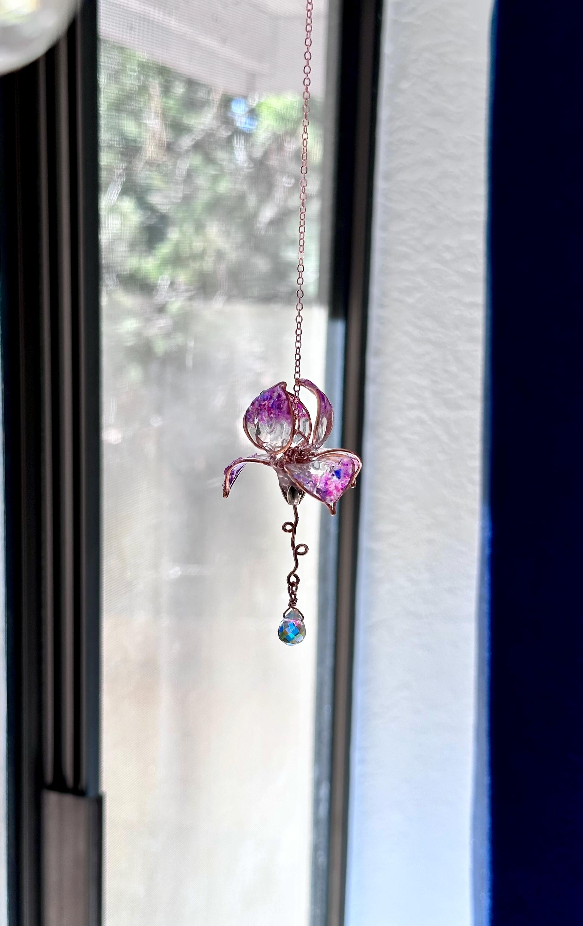 Rear view Mirror Copper wire and epoxy Iris flower car suncatcher car accessory gem crystal window dangle decor handmade gift charm prisms