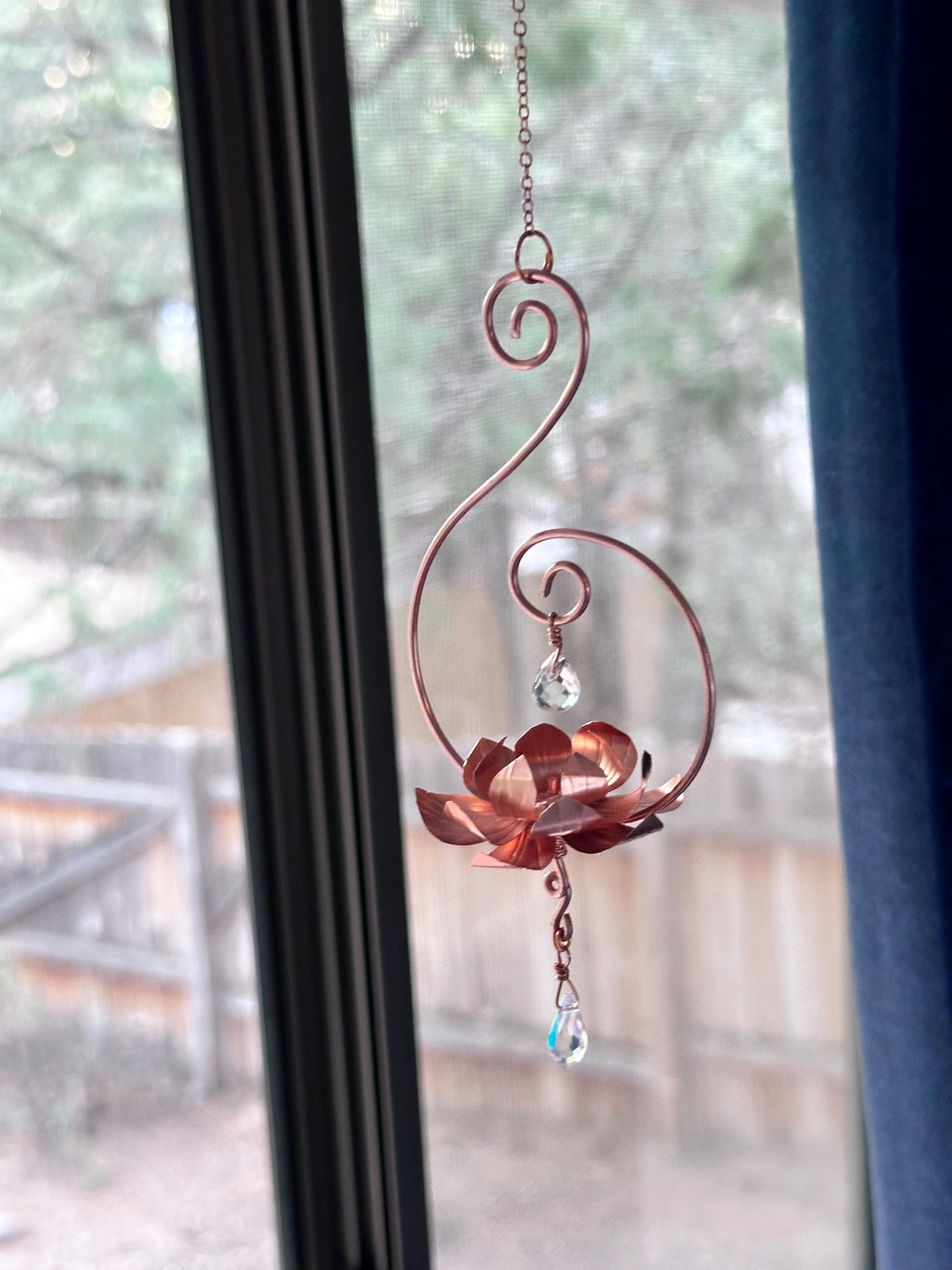 Pure Copper lotus flower and prism window dangle rear view mirror car decor copper wire wall art lotus flower garden decoration gift teacher