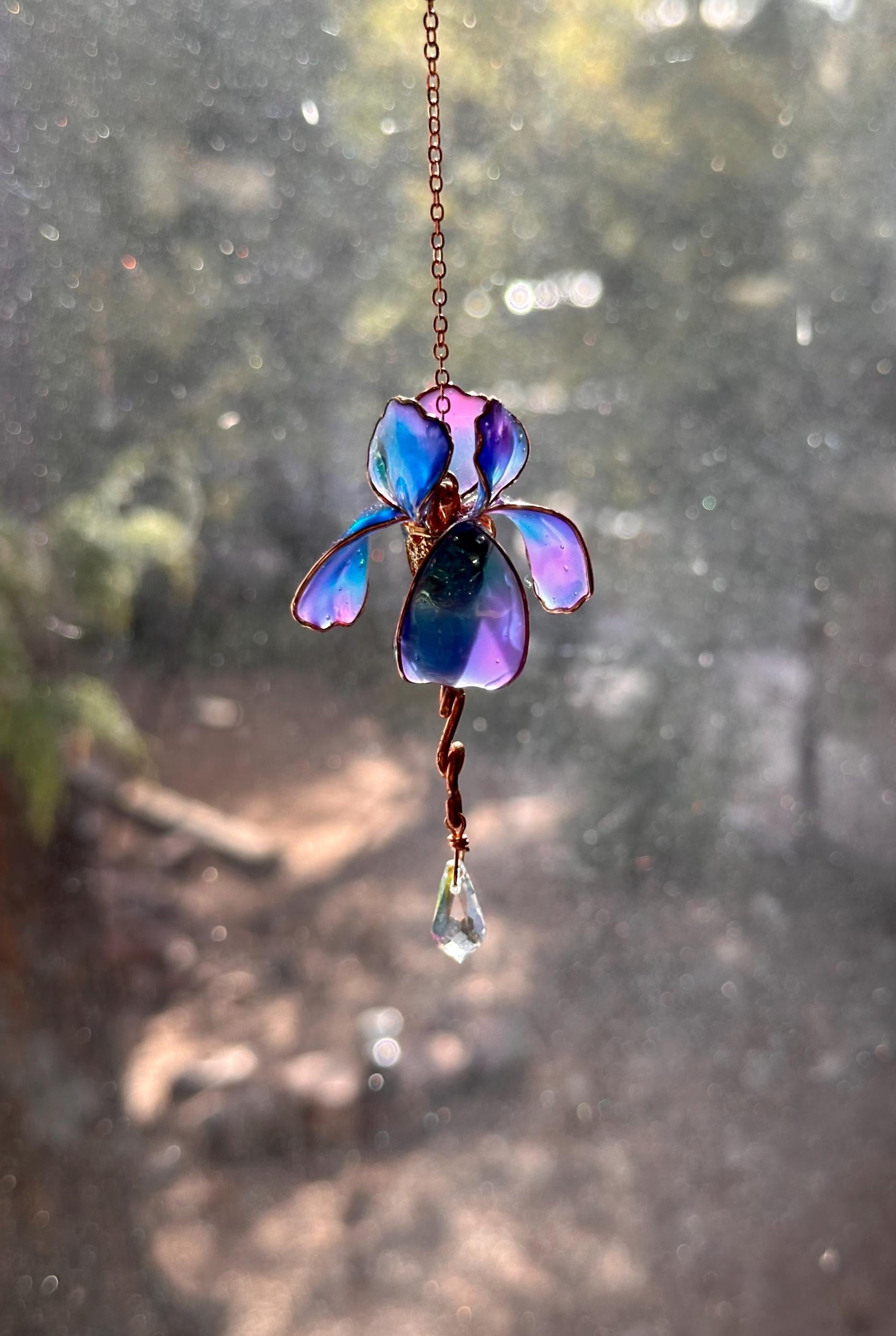 Window sun catcher mini Rear view Mirror Copper wire and epoxy Iris flower dangle charm crystal rainbow prisms gift 2 tone color pink & blue