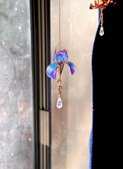 Window sun catcher mini Rear view Mirror Copper wire and epoxy Iris flower dangle charm crystal rainbow prisms gift 2 tone color pink & blue