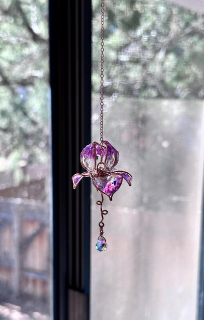 Rear view Mirror Copper wire and epoxy Iris flower car suncatcher car accessory gem crystal window dangle decor handmade gift charm prisms