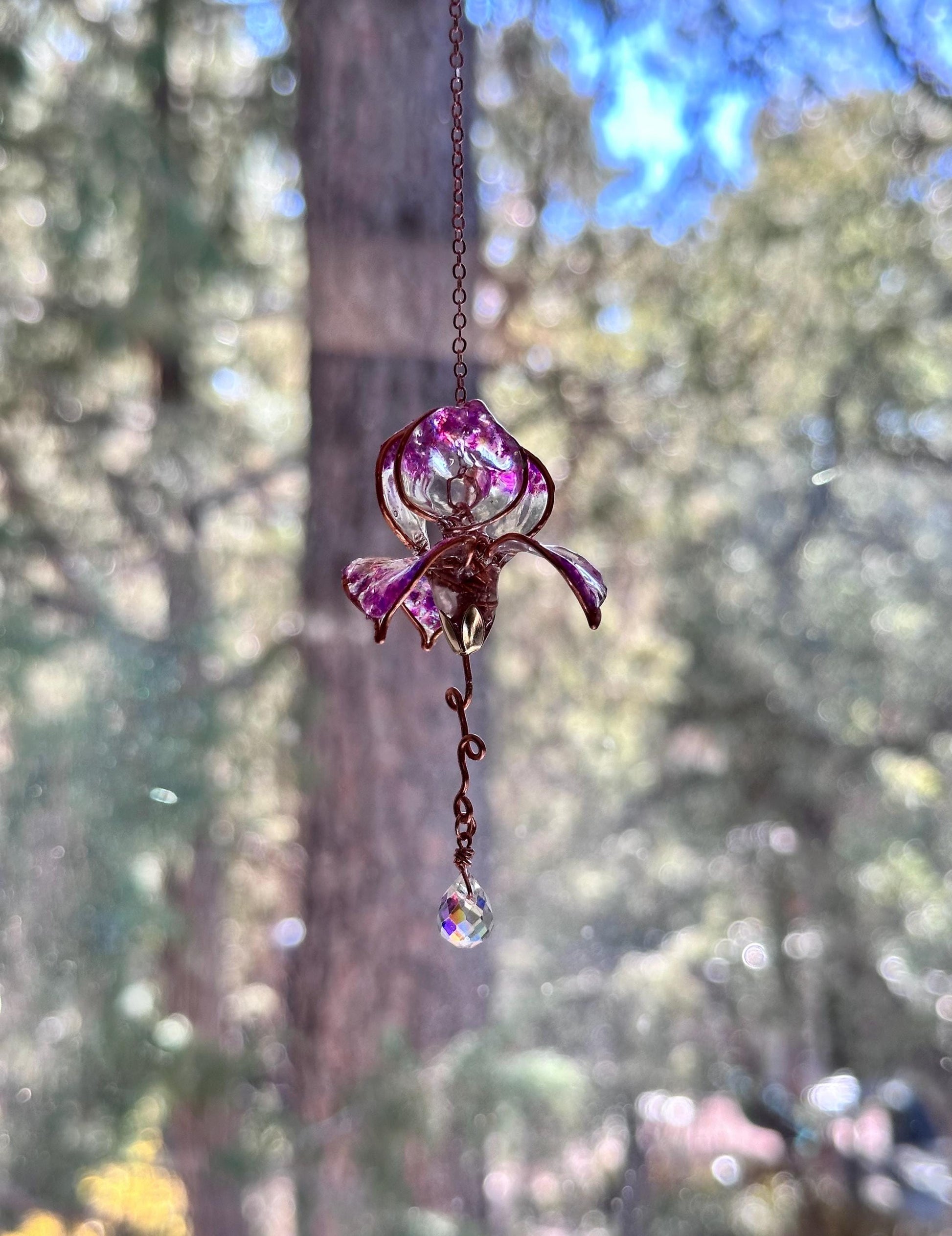 Holographic Rear view Mirror Copper wire and epoxy Iris flower car sun catcher car charm gem crystal window dangle rainbow prisms gift her