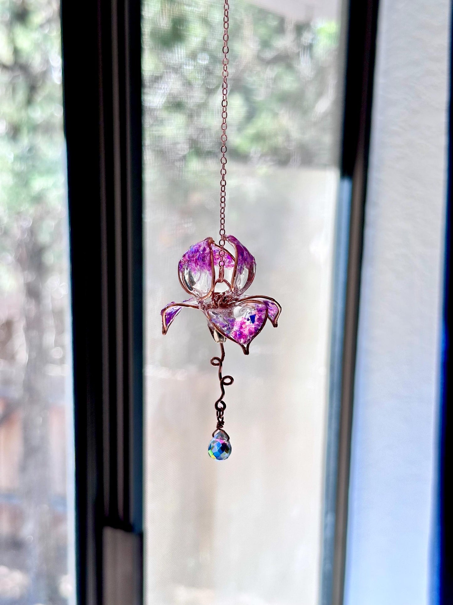 Rear view Mirror Copper wire and epoxy Iris flower car suncatcher car accessory gem crystal window dangle decor handmade gift charm prisms