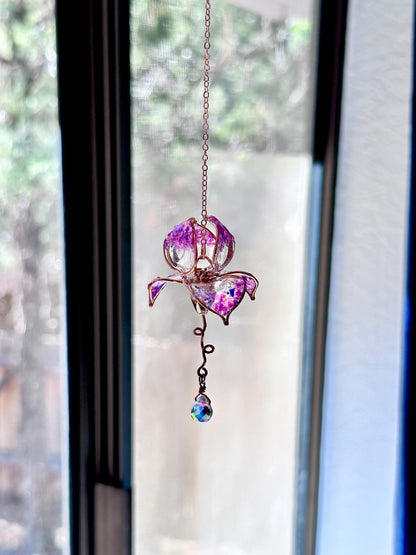 Holographic Rear view Mirror Copper wire and epoxy Iris flower car sun catcher car charm gem crystal window dangle rainbow prisms gift her