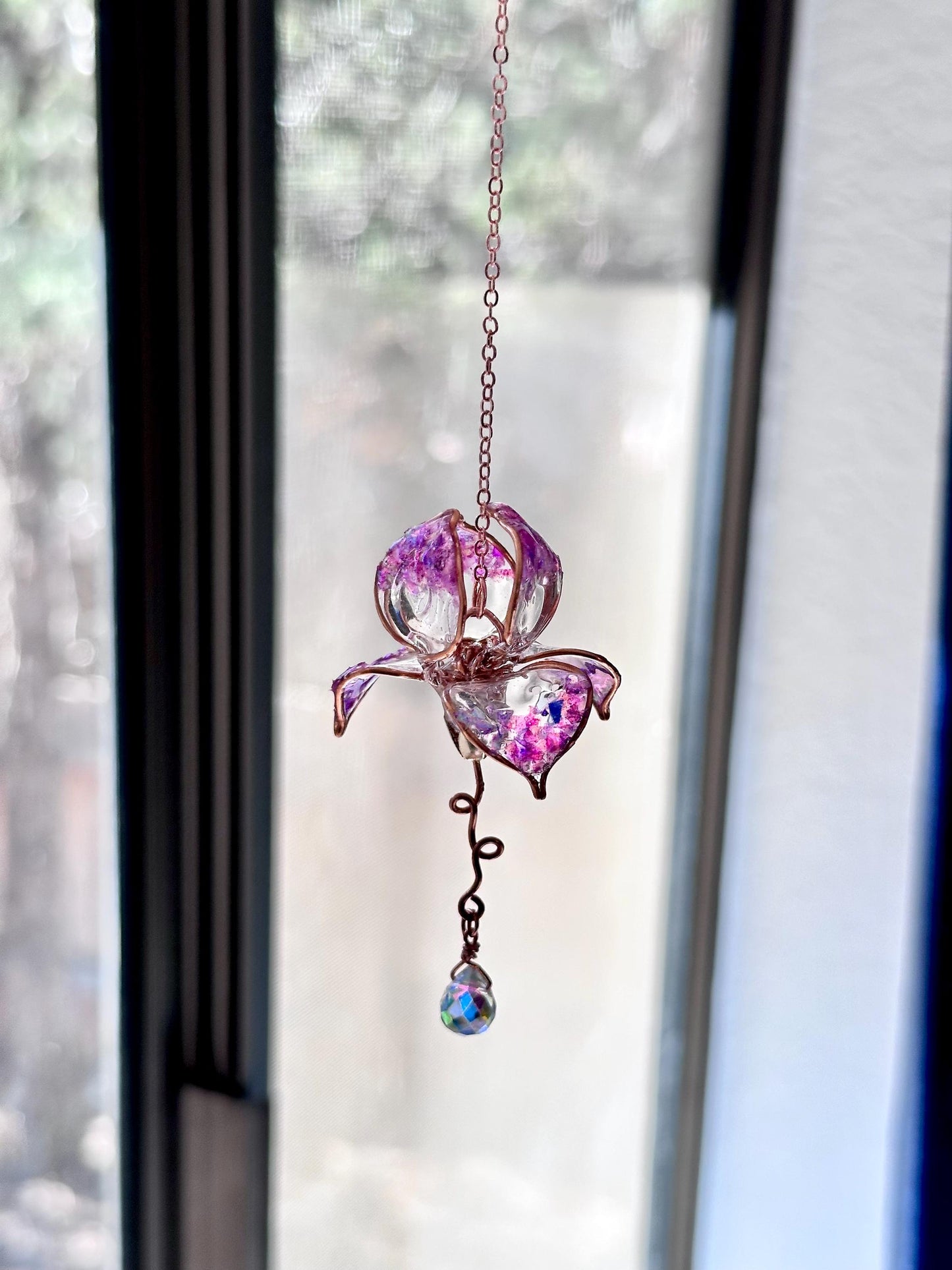 Rear view Mirror Copper wire and epoxy Iris flower car suncatcher car accessory gem crystal window dangle decor handmade gift charm prisms