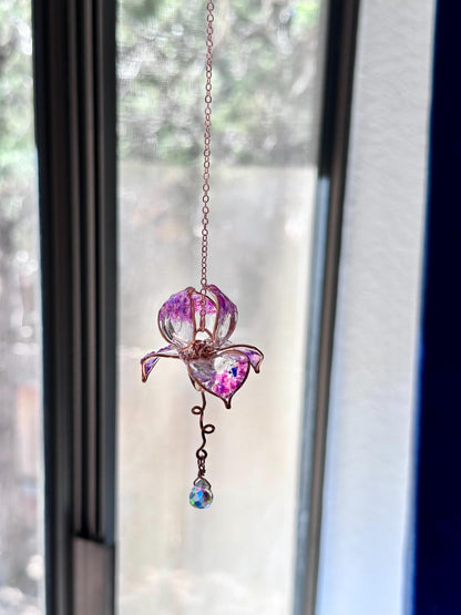 Rear view Mirror Copper wire and epoxy Iris flower car suncatcher car accessory gem crystal window dangle decor handmade gift charm prisms