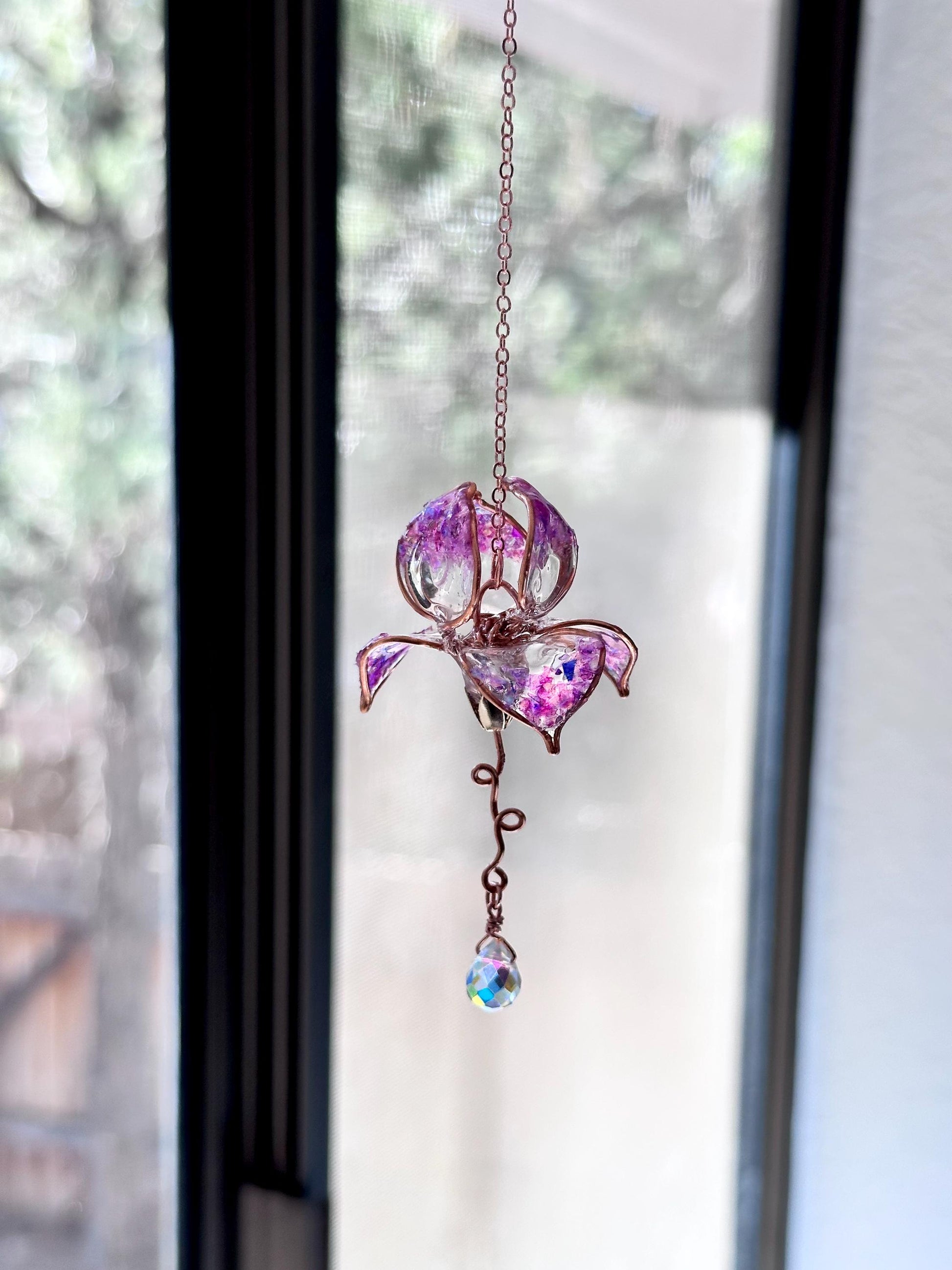 Rear view Mirror Copper wire and epoxy Iris flower car suncatcher car accessory gem crystal window dangle decor handmade gift charm prisms