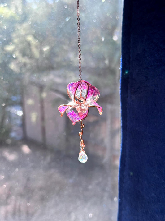 Holographic Rear view Mirror Copper wire and epoxy Iris flower car sun catcher car charm gem crystal window dangle rainbow prisms gift her