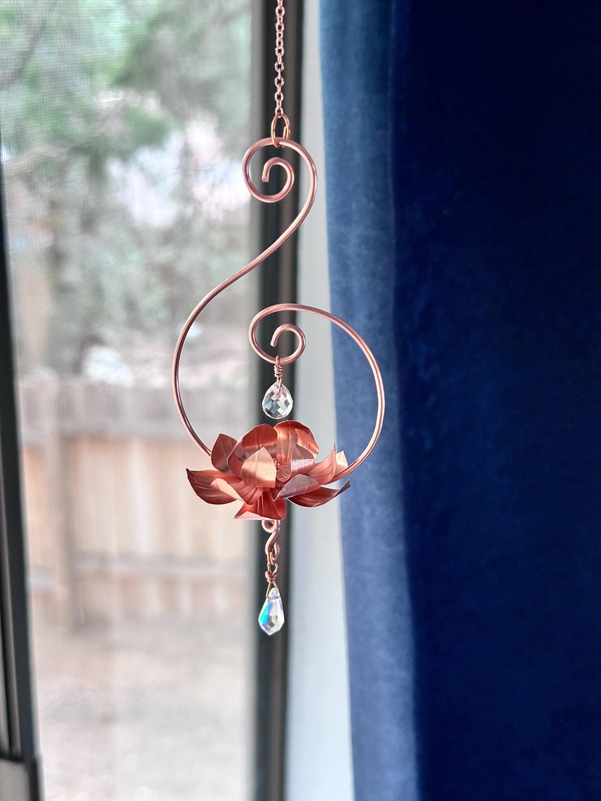 Pure Copper lotus flower and prism window dangle rear view mirror car decor copper wire wall art lotus flower garden decoration gift teacher