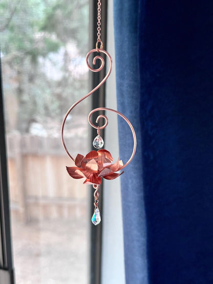 Pure Copper lotus flower and rainbow prism window dangle rear view mirror car decor wire wall art lotus garden decoration gift teacher her