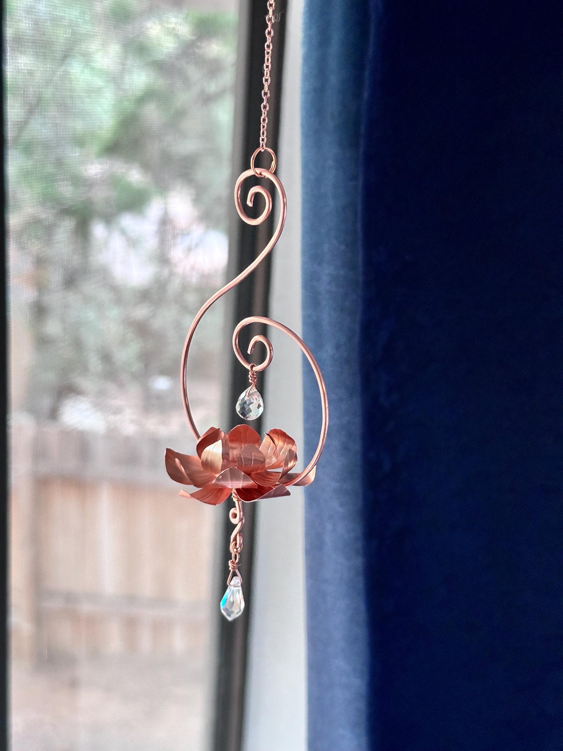 Pure Copper lotus flower and prism window dangle rear view mirror car decor copper wire wall art lotus flower garden decoration gift teacher