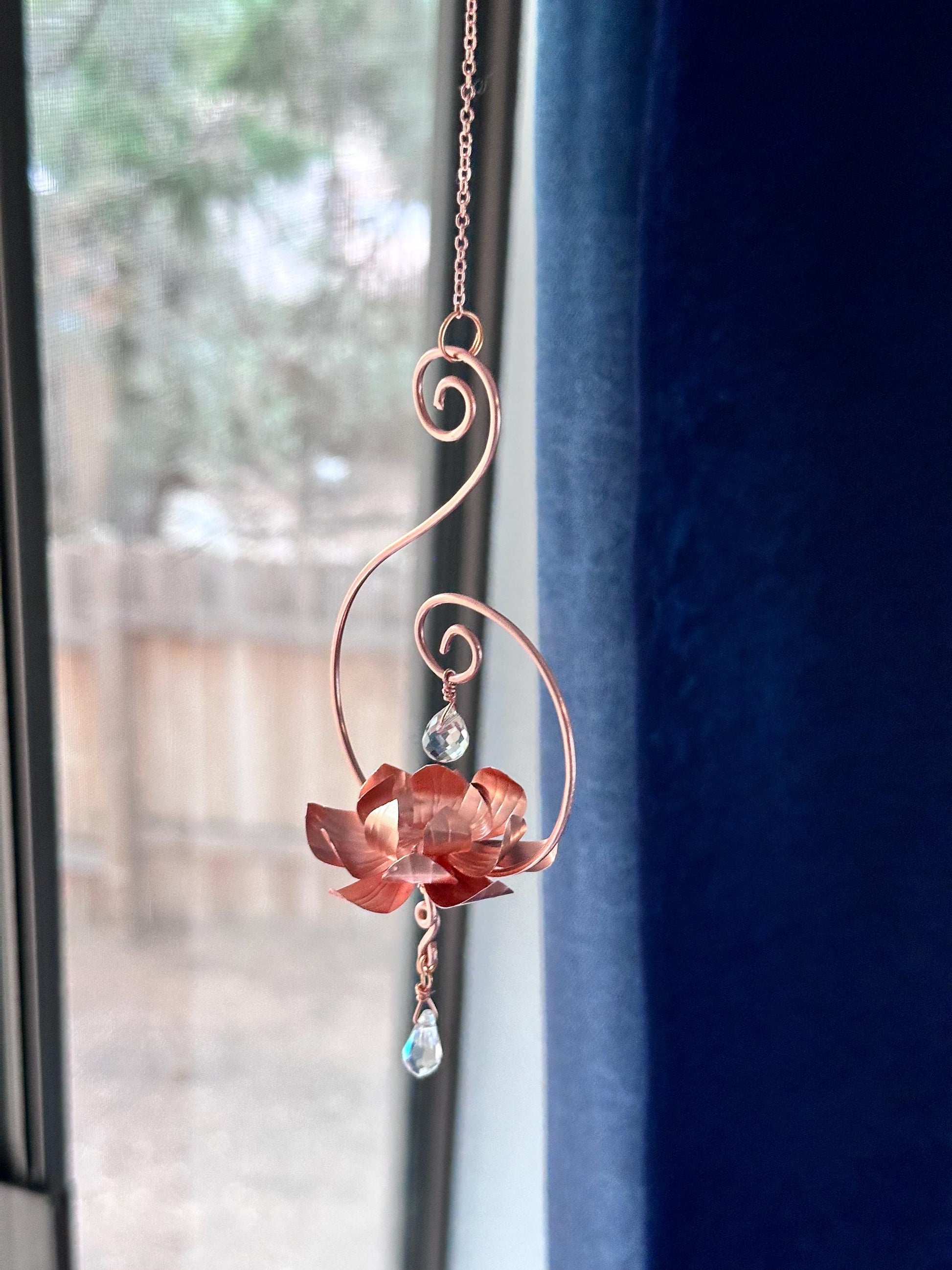 Pure Copper lotus flower and prism window dangle rear view mirror car decor copper wire wall art lotus flower garden decoration gift teacher