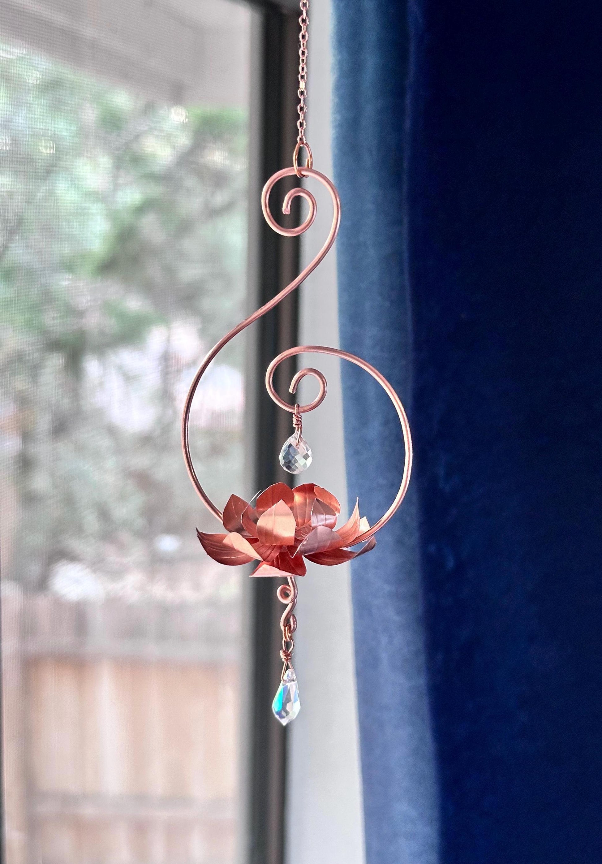 Pure Copper lotus flower and prism window dangle rear view mirror car decor copper wire wall art lotus flower garden decoration gift teacher