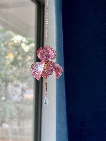 Rose Pink Rear view Mirror Copper wire and epoxy flower suncatcher car accessory gem crystal window dangle decor handmade gift rainbow prism