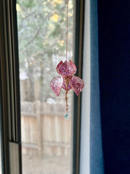 Rose Pink Rear view Mirror Copper wire and epoxy flower suncatcher car accessory gem crystal window dangle decor handmade gift rainbow prism