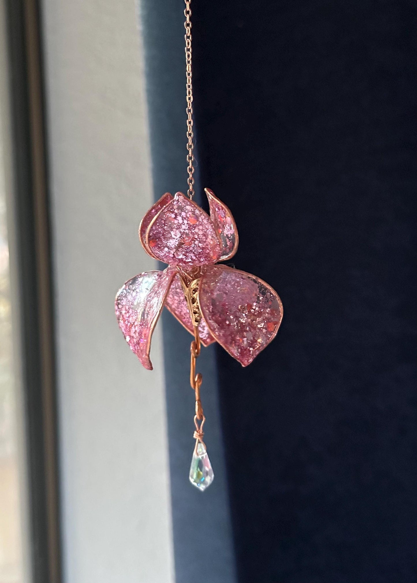 Rose Pink Rear view Mirror Copper wire and epoxy flower suncatcher car accessory gem crystal window dangle decor handmade gift rainbow prism