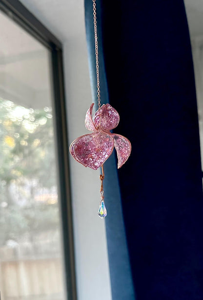 Rose Pink Rear view Mirror Copper wire and epoxy flower suncatcher car accessory gem crystal window dangle decor handmade gift rainbow prism