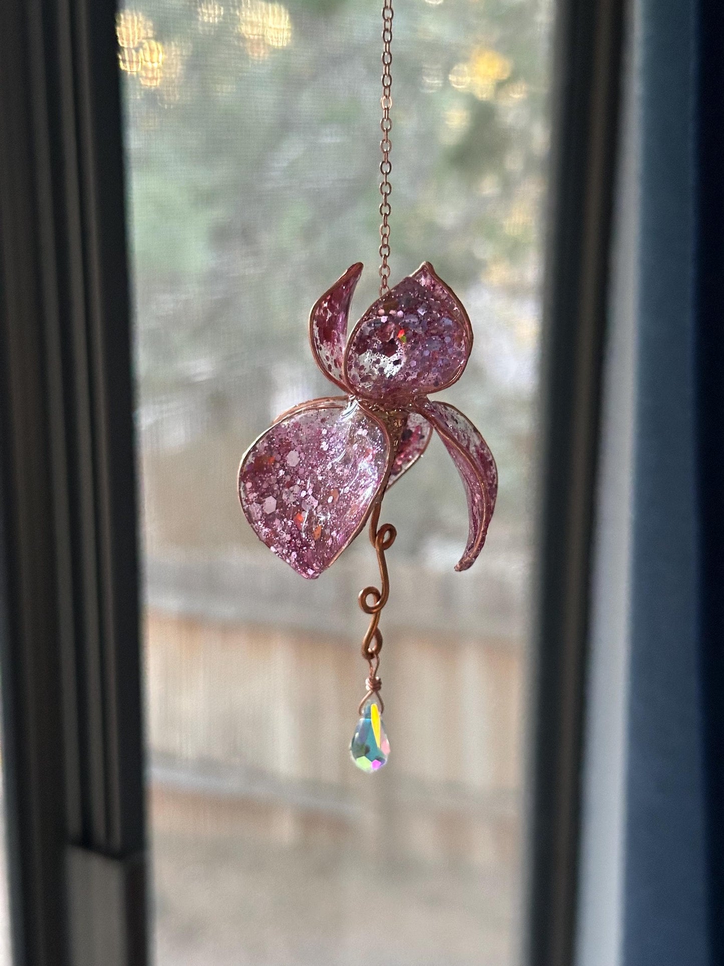 Rose Pink Rear view Mirror Copper wire and epoxy flower suncatcher car accessory gem crystal window dangle decor handmade gift rainbow prism