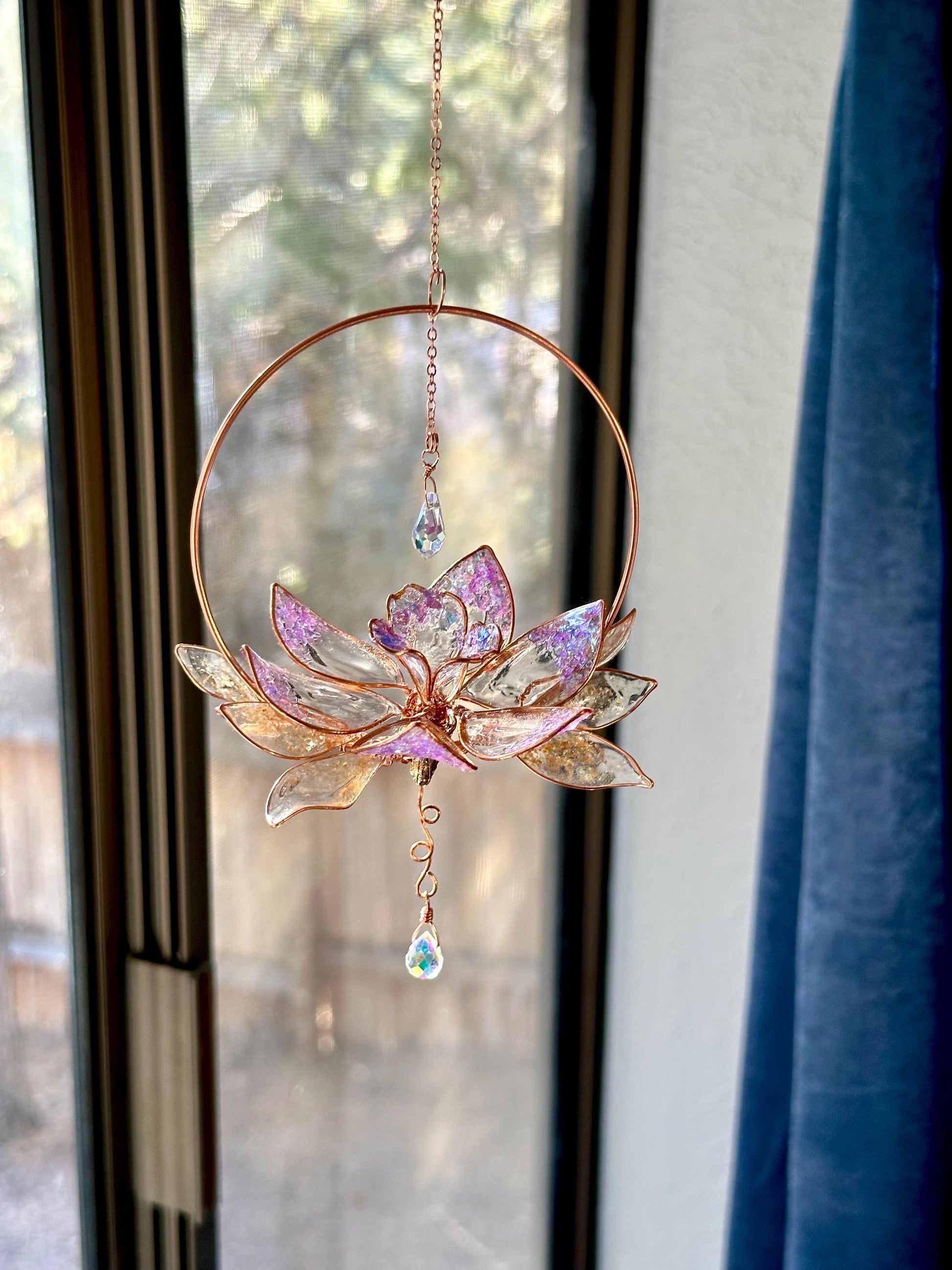 Holographic Daffodil Window suncatcher Copper wire and epoxy flower memorial grief gift holographic rainbow prism decor handmade unique gift