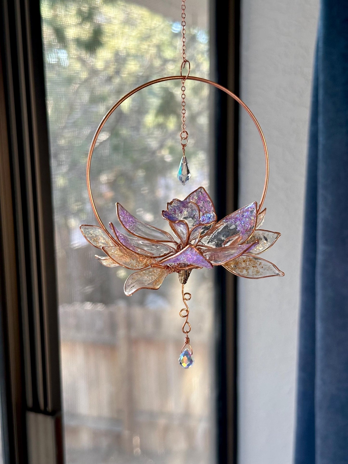 Holographic Daffodil Window suncatcher Copper wire and epoxy flower memorial grief gift holographic rainbow prism decor handmade unique gift