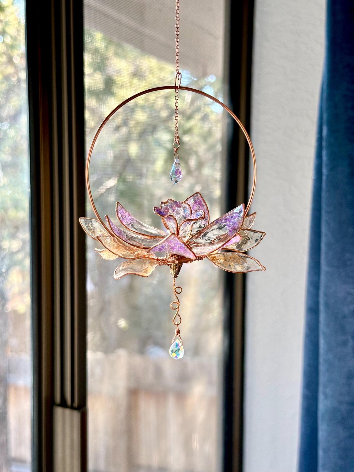 Holographic Daffodil Window suncatcher Copper wire and epoxy flower memorial grief gift holographic rainbow prism decor handmade unique gift